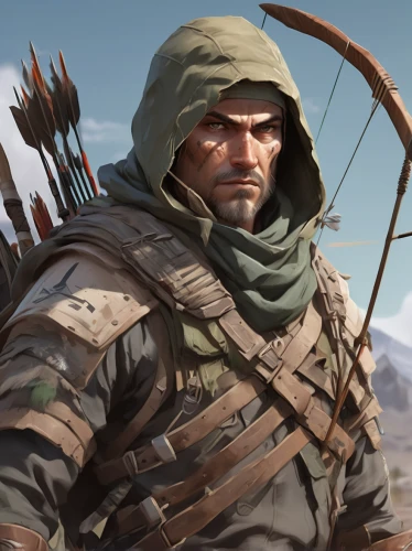 nomad,mercenary,eskimo,assassin,the wanderer,game illustration,massively multiplayer online role-playing game,quarterstaff,robin hood,hooded man,winter sale,mountain guide,hand draw arrows,sniper,draw arrows,bedouin,bow and arrows,nomads,longbow,combat medic,Conceptual Art,Fantasy,Fantasy 01