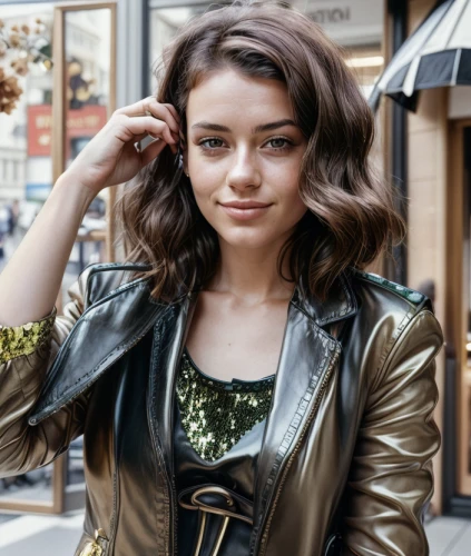 leather jacket,on the street,fizzy,pretty young woman,beautiful young woman,bolero jacket,model beauty,attractive woman,young woman,green jacket,clover jackets,parka,jacket,georgia,leather,brunette,marie leaf,fashion street,beautiful girl,beautiful face