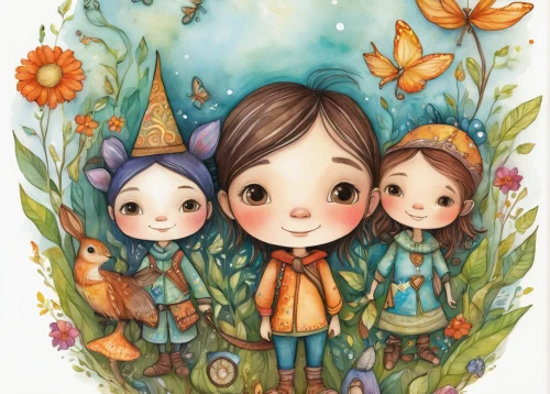 kids illustration,spring greeting,meadow play,three flowers,lily family,fairies aloft,fairies,little girl fairy,little girls,little angels,children's fairy tale,daisy family,happy children playing in the forest,book illustration,wild meadow,woodland animals,spring nest,fairy forest,rabbits and hares,three friends,Conceptual Art,Daily,Daily 34