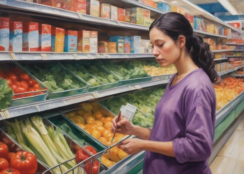 grocery,supermarket,supermarket shelf,grocer,woman shopping,woman eating apple,grocery store,grocery shopping,groceries,shopper,consumer,colored pencil background,convenience store,food spoilage,aisle,greengrocer,shopping list,oil painting on canvas,whole food,pantry,Conceptual Art,Oil color,Oil Color 05