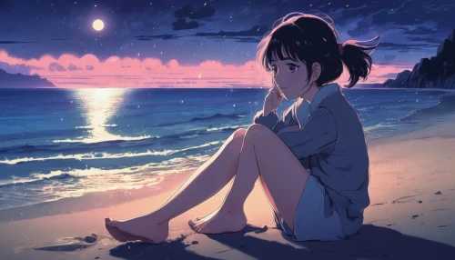 summer evening,ocean,melancholy,longing,sea night,listening to music,worried girl,dream beach,lonely,alone,moonlight,sea-shore,daydream,loneliness,stranded,starlight,by the sea,in thoughts,sea,beach scenery,Conceptual Art,Fantasy,Fantasy 01