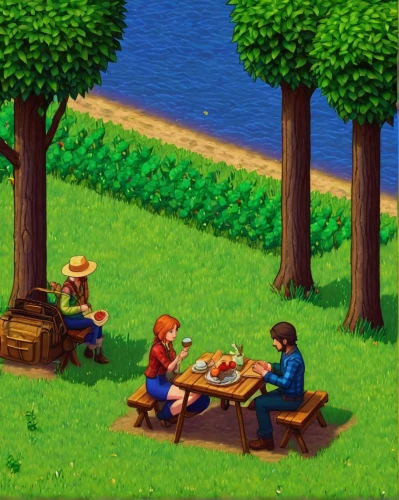 picnic table,picnic,gnomes at table,game illustration,picnic basket,pixel art,family picnic,outdoor table,picnic boat,outdoor dining,wooden table,monkey island,game art,adventure game,beer tables,idyllic,romantic scene,tavern,barbecue area,campground,Art,Artistic Painting,Artistic Painting 30