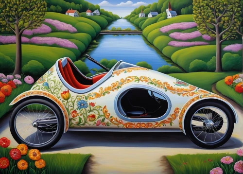 flower car,floral bike,lotus seven,cartoon car,automobiles,austin 7,1000miglia,automobile,volkswagen beetle,sidecar,citroen 2cv,vespa,volkswagen vw,motorcycle,motor scooter,tin car,woman bicycle,car,automobile racer,auburn speedster,Illustration,Abstract Fantasy,Abstract Fantasy 12