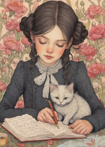 girl studying,jane austen,eglantine,tutor,little girl reading,writer,book illustration,to write,victorian lady,elizabeth nesbit,child with a book,love letter,writing-book,rose woodruff,a letter,author,child's diary,illustrator,the girl studies press,bibernell rose,Illustration,Realistic Fantasy,Realistic Fantasy 05