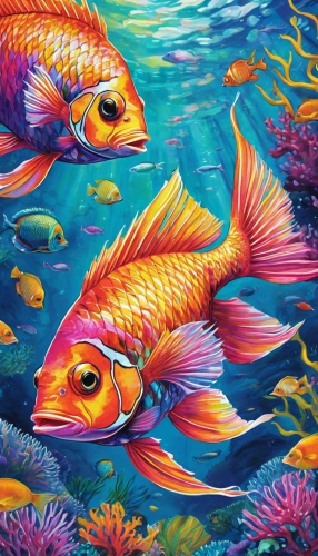 ornamental fish,fishes,two fish,tropical fish,coral reef fish,fish in water,school of fish,aquarium decor,underwater background,koi fish,underwater fish,marine fish,aquarium inhabitants,coral fish,aquatic animals,wrasses,oil painting on canvas,beautiful fish,aquarium fish,aquatic life,Illustration,Paper based,Paper Based 09