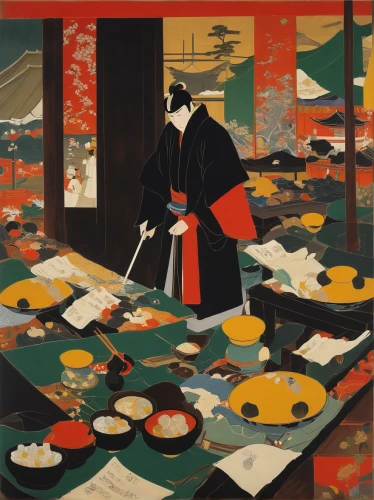 kaiseki,izakaya,ryokan,japanese art,cool woodblock images,tsukemono,tea ceremony,japanese-style room,samurai,japanese culture,japanese cuisine,woodblock prints,horumonyaki,nabemono,shinto,tatami,geisha,teppanyaki,japanese restaurant,kyoto,Art,Artistic Painting,Artistic Painting 41