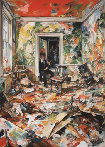 fire damage,home destruction,abandoned room,meticulous painting,exploding,explosion,danish room,debris,clutter,destroyed area,explode,damage,post impressionist,destruction,study room,athens art school,paintings,the little girl's room,wreckage,explosions,Conceptual Art,Oil color,Oil Color 18