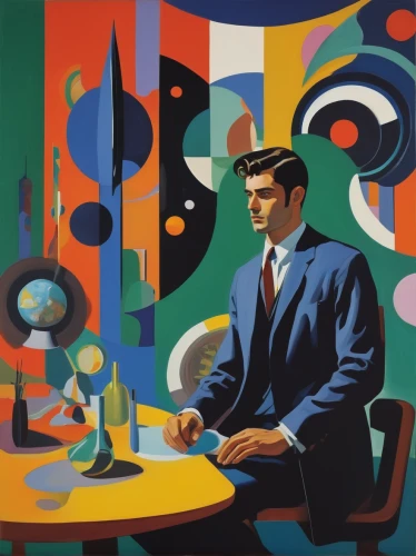 man with a computer,abstract corporate,roy lichtenstein,advertising figure,meticulous painting,businessman,mid century,chess icons,videoconferencing,white-collar worker,theoretician physician,telework,thinking man,60s,consulting room,george paris,watchmaker,black businessman,man talking on the phone,mid century modern,Art,Artistic Painting,Artistic Painting 41