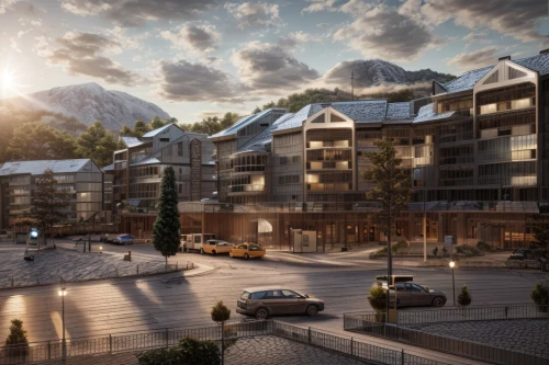 ski resort,new housing development,olympia ski stadium,alpine village,zermatt,vajont,garmisch partenkirchen ski stadium,lower engadine,saas fee,alpine style,ski facility,apartment complex,apartment buildings,surselva,engadin,3d rendering,aurora village,ski station,laax,aspen