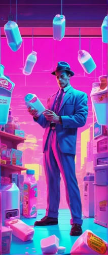 shopkeeper,80s,cyberpunk,janitor,man with a computer,mailman,deli,novelist,man in pink,neon cocktails,computer games,neon drinks,retro background,neon cakes,neon coffee,game illustration,pharmacy,neon tea,neon human resources,pink squares,Conceptual Art,Sci-Fi,Sci-Fi 28