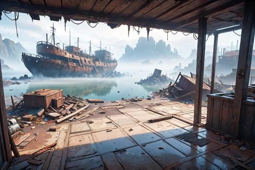 ship yard,shipyard,docks,ship wreck,boat yard,pirate ship,shipwreck,the wreck of the ship,harbor,salvage yard,ship releases,docked,factory ship,floating huts,cargo port,dock,rotten boat,ghost ship,wooden boats,the waterfront,Anime,Anime,General