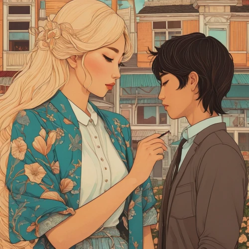 young couple,bunches of rowan,rowan,vintage boy and girl,floral greeting,boy and girl,holding flowers,coloring,romantic portrait,floral heart,boy kisses girl,bloom,smooch,rosa ' amber cover,first kiss,summer bloom,engagement,tender,honeymoon,digital illustration,Illustration,Japanese style,Japanese Style 15