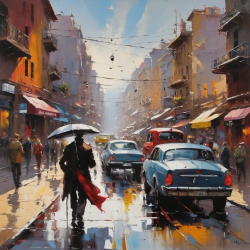 man with umbrella,italian painter,watercolor paris,oil painting on canvas,oil painting,umbrellas,art painting,after rain,light rain,walking in the rain,montmartre,hanoi,after the rain,brolly,street scene,rainy day,fineart,istanbul,world digital painting,monsoon,Conceptual Art,Oil color,Oil Color 09