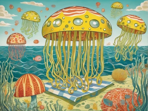 mushroom island,mushroom landscape,jellyfish,jellyfish collage,cnidaria,undersea,jellyfishes,sea jellies,diving bell,situation mushroom,under sea,medicinal mushroom,jellies,apiarium,bottom of the sea,mushrooms,the bottom of the sea,ocean floor,sea fantasy,yellow mushroom,Art,Artistic Painting,Artistic Painting 50