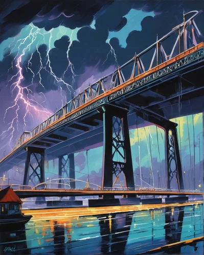 rainbow bridge,swing bridge,under the bridge,container cranes,akashi-kaikyo bridge,bridges,cantilever bridge,harbour bridge,sydney bridge,railroad bridge,bay bridge,bridge,thunderstorm,harbor bridge,humpback bridge,railway bridge,thunderstorm mood,highway bridge,the akashi-kaikyo bridge,aerial lift bridge,Illustration,Retro,Retro 12