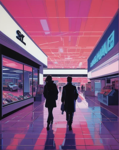 haneda,cyberpunk,80s,convenience store,travelers,pedestrian,tokyo,supermarket,1980s,shinjuku,suburb,shopping icons,shopping icon,cyberspace,shopping mall,aesthetic,pink squares,gas station,80's design,ultraviolet,Conceptual Art,Sci-Fi,Sci-Fi 23