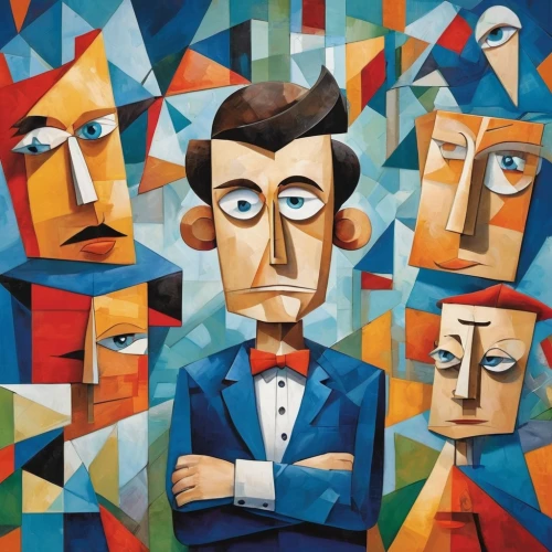 cubism,faces,abstract cartoon art,gentleman icons,chess icons,audience,group of people,psychoanalysis,astonishment,heads,split personality,multicolor faces,popular art,social distancing,contemporary witnesses,picasso,self-portrait,orchesta,emotional intelligence,psychologist,Art,Artistic Painting,Artistic Painting 45
