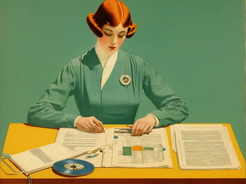 girl at the computer,girl studying,telephone operator,vintage illustration,art deco woman,switchboard operator,auditor,receptionist,bookkeeper,cigarette girl,women in technology,transistor checking,fifties records,advertising figure,salesgirl,transistor,stewardess,the local administration of mastery,civil servant,vintage art,Illustration,Retro,Retro 15