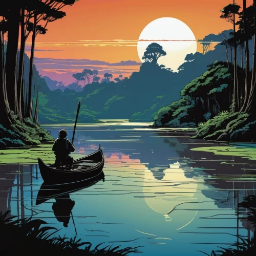 mekong,vietnam,travel poster,people fishing,cambodia,backwaters,boat landscape,laos,fishing float,kerala,cool woodblock images,lake tanuki,canoeing,canoe,southeast asia,backwater,myanmar,evening lake,monkey island,fisherman,Illustration,Vector,Vector 11