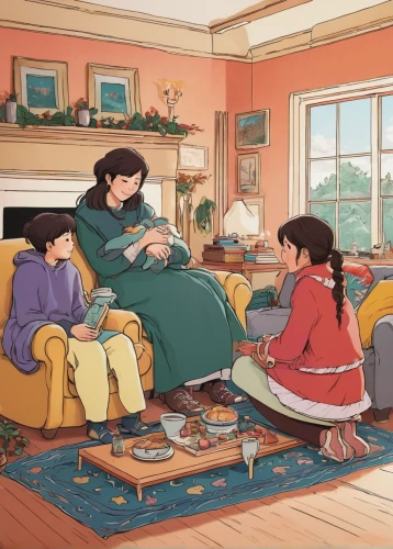 studio ghibli,family room,the little girl's room,family home,magnolia family,livingroom,household,domestic,begonia family,herring family,living room,opening presents,lily family,a family harmony,domestic life,disney baymax,family care,family hand,harmonious family,playing room,Illustration,Japanese style,Japanese Style 13