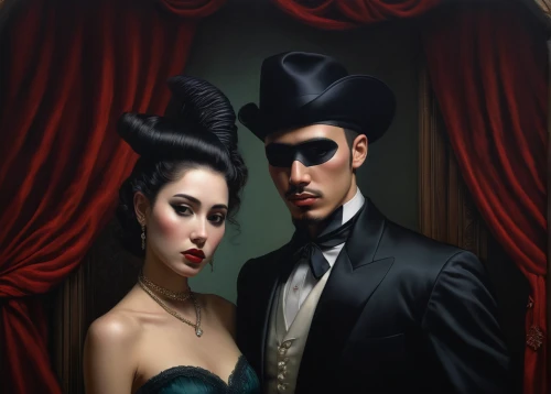 roaring twenties couple,gothic portrait,masquerade,mobster couple,venetian mask,romantic portrait,black hat,vintage man and woman,masque,fantasy art,the carnival of venice,gothic fashion,amorous,blindfold,fantasy portrait,nightshade family,young couple,roaring twenties,absinthe,man and wife,Conceptual Art,Daily,Daily 22