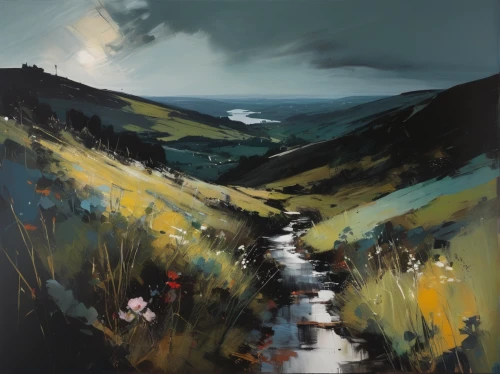 peak district,glen of the downs,exmoor,yorkshire dales,north yorkshire moors,brook landscape,runswick bay,gower,yorkshire,north yorkshire,valley of desolation,moorland,derbyshire,south downs,carol colman,mountain pass,mountain road,brecon beacons,small landscape,lake district,Conceptual Art,Oil color,Oil Color 01