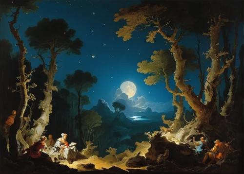 night scene,the night of kupala,apollo and the muses,hunting scene,robert duncanson,moonlit night,forest landscape,astronomers,apollo hylates,star-of-bethlehem,happy children playing in the forest,the star of bethlehem,astronomer,nativity,moonlit,the moon and the stars,star of bethlehem,the pied piper of hamelin,moon and star background,moon valley,Art,Classical Oil Painting,Classical Oil Painting 40