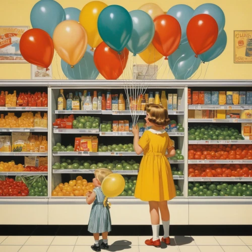 little girl with balloons,grocer,grocery,supermarket,grocery store,grocery shopping,supermarket shelf,woman shopping,shopper,groceries,shopping icon,candy store,toy store,shopkeeper,vintage children,candy shop,deli,convenience store,children's background,colorful balloons,Illustration,Retro,Retro 15