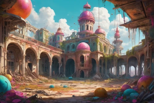 fantasy landscape,fantasy city,fantasy world,ruin,grand bazaar,ruins,ancient city,mushroom landscape,the festival of colors,bazaar,colorful city,easter festival,colorful balloons,marketplace,lost place,3d fantasy,excavation,citadel,abandoned place,fairy world,Illustration,Abstract Fantasy,Abstract Fantasy 13