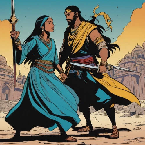 biblical narrative characters,ramayana,shepherd romance,aladha,heroic fantasy,orientalism,guards of the canyon,rajasthan,husband and wife,warrior and orc,couple goal,protectors,ramayan,aladin,romance novel,panch phoron,genesis land in jerusalem,nomads,dusshera,wife and husband,Illustration,Vector,Vector 11