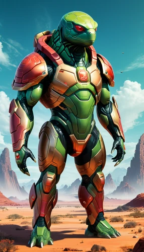 skylander giants,alien warrior,erbore,avenger hulk hero,raphael,skylanders,butomus,michelangelo,terrapin,scarab,martian,rhyolite,game illustration,desert background,carapace,land turtle,armored animal,natrix natrix,gas planet,frog man,Conceptual Art,Sci-Fi,Sci-Fi 04