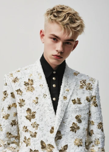 suit of spades,blossom gold foil,bolero jacket,acne,clover jackets,cream and gold foil,men's suit,floral pattern,shoulder pads,wedding suit,gold foil,gold foil and cream,male model,embellishments,menswear,blond,patterned,versace,george russell,embellished,Photography,Fashion Photography,Fashion Photography 05