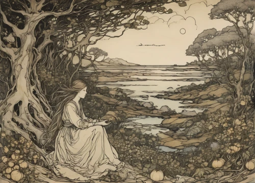 arthur rackham,kate greenaway,rusalka,alfons mucha,mucha,the night of kupala,the blonde in the river,idyll,woman at the well,charlotte cushman,girl on the river,the sea maid,secret garden of venus,hand-drawn illustration,the shallow sea,girl with tree,the magdalene,dryad,cover,estuarine,Illustration,Retro,Retro 25
