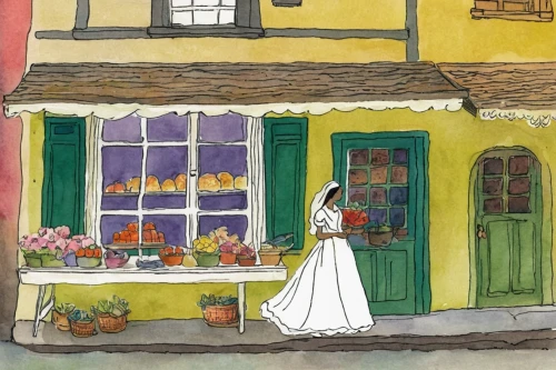 flower shop,watercolor tea shop,watercolor shops,flower cart,cottage garden,village shop,jane austen,watercolor roses and basket,tearoom,friterie,wedding dress,flower box,country cottage,flower stand,thatched cottage,bridal dress,laundress,flowerbox,bridal,flower basket,Illustration,Black and White,Black and White 29