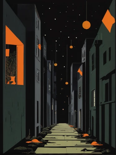 night scene,street lights,alley,lanterns,street lamps,alleyway,streetlight,at night,citylights,nocturnes,nightscape,city lights,city at night,halloween background,night stars,japanese paper lanterns,lampion,chinese lanterns,the night sky,houses silhouette,Illustration,Vector,Vector 13