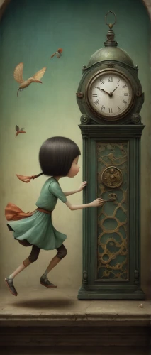 clockmaker,time pointing,girl in a long,clock face,spring forward,time pressure,flying seed,cuckoo clock,flying girl,little girl running,clocks,little girl in wind,clock,time spiral,relativity,ballet master,whimsical,grandfather clock,flow of time,fairy tale icons,Illustration,Abstract Fantasy,Abstract Fantasy 06