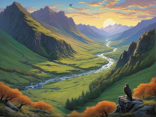 autumn mountains,mountain scene,mountain landscape,mountainous landscape,landscape background,the landscape of the mountains,mountain sunrise,mountain pasture,mountain meadow,high landscape,mountains,mountain valleys,the spirit of the mountains,fantasy landscape,mountain valley,nature landscape,high mountains,river landscape,valley,mountain range,Illustration,Realistic Fantasy,Realistic Fantasy 04