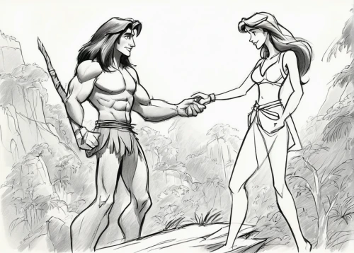 adam and eve,man and woman,tarzan,hercules,biblical narrative characters,garden of eden,man and wife,greek mythology,he-man,greek myth,proposal,male poses for drawing,stone age,aladdin,coloring page,courtship,prehistory,honeymoon,vilgalys and moncalvo,the law of the jungle,Illustration,Black and White,Black and White 08