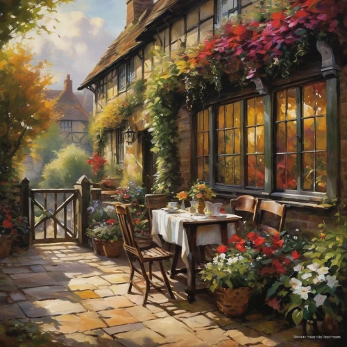 tearoom,watercolor cafe,alfresco,cottage garden,home landscape,outdoor dining,romantic scene,a restaurant,bistro,country cottage,summer cottage,breakfast outside,woman at cafe,bistrot,art painting,outdoor table,cottage,oil painting on canvas,breakfast table,breakfast room,Conceptual Art,Oil color,Oil Color 09