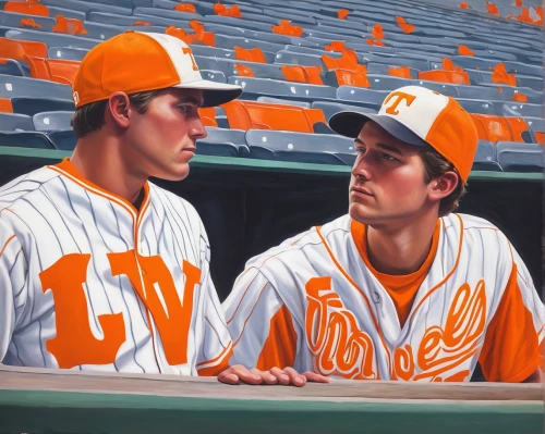 baseball uniform,baseball players,oil on canvas,baseball team,orange robes,college baseball,mountaineers,baseball drawing,studs,meeting on mound,dutch oven,sports uniform,oil painting on canvas,baseball player,oil painting,baseball coach,oil paint,grooms,steve medlin,tennessee,Illustration,Realistic Fantasy,Realistic Fantasy 24