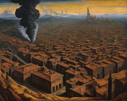vesuvius,destroyed city,mount vesuvius,volterra,dante's inferno,aventine hill,townscape,scorched earth,ancient city,aerial landscape,post-apocalyptic landscape,volcanic landscape,view of the city,city in flames,damascus,toledo,pompeii,dresden,constantinople,flaming mountains,Art,Classical Oil Painting,Classical Oil Painting 19