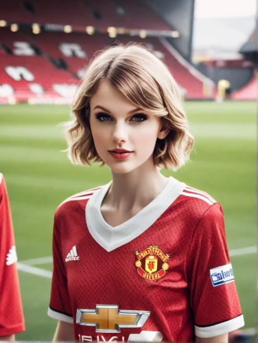 soccer player,sports jersey,swifts,footballer,sports girl,united,football player,wax figures,advertising campaigns,red banner,polo shirt,retro girl,model-a,photoshop manipulation,girl-in-pop-art,football fans,retro women,footballers,sports uniform,modelling