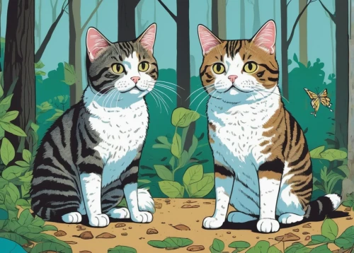 two cats,american wirehair,pet portrait,woodland animals,felidae,felines,american shorthair,japanese bobtail,cat vector,capricorn kitz,cat portrait,digital illustration,forest animals,bengal,vintage cats,oktoberfest cats,rusty-spotted cat,cats,tigers,cattles,Illustration,Vector,Vector 12