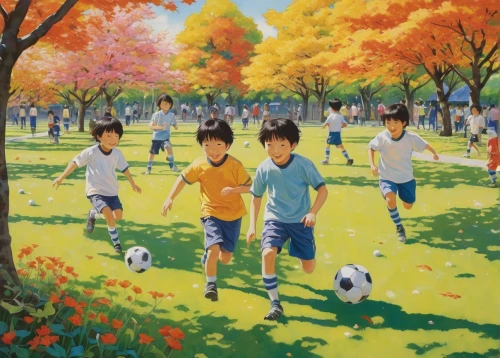 children's soccer,osomatsu,takato cherry blossoms,forest ground,school children,autumn park,walk with the children,blooming field,soccer field,playing field,meadow play,city youth,sakura trees,children's background,child in park,the autumn,one autumn afternoon,walk in a park,tokyo summer olympics,happy children playing in the forest,Illustration,Japanese style,Japanese Style 18