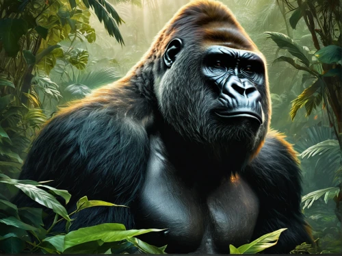 gorilla,silverback,ape,kong,great apes,primate,orang utan,cercopithecus neglectus,orangutan,king kong,gibbon 5,bonobo,endangered specie,congo,common chimpanzee,tropical animals,gorilla soldier,anthropomorphized animals,chimpanzee,green congo,Conceptual Art,Fantasy,Fantasy 05