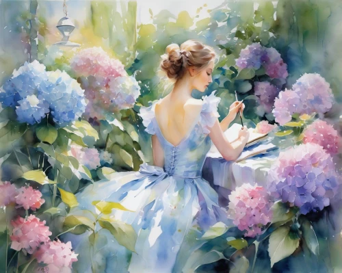 flower painting,hydrangeas,watercolor blue,watercolor painting,hydrangea,blue hydrangea,girl in flowers,watercolor flowers,watercolor background,watercolor paint,watercolor,hyacinths,splendor of flowers,girl picking flowers,fabric painting,hydrangeaceae,watercolor floral background,girl in the garden,lilac flowers,watercolour flowers,Illustration,Paper based,Paper Based 11