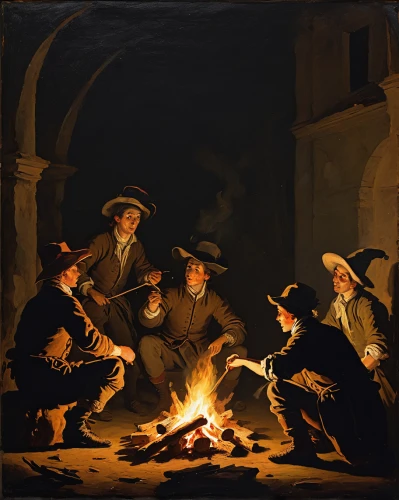 campfire,campfires,pilgrims,fireside,night scene,fire artist,celebration of witches,children studying,feuerzangenbowle,candlemas,blacksmith,bonfire,musicians,men sitting,witches,smouldering torches,brazier,fireplaces,camp fire,candlemaker,Art,Classical Oil Painting,Classical Oil Painting 35