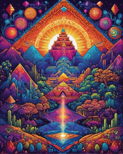 psychedelic art,pyramids,tapestry,pachamama,trip computer,temples,volcano,kaleidoscope art,pyramid,kaleidoscope,sacred art,dimensional,prism,astral traveler,valley of the moon,lsd,psychedelic,kaleidoscopic,mountain world,laser buddha mountain,Unique,Pixel,Pixel 05