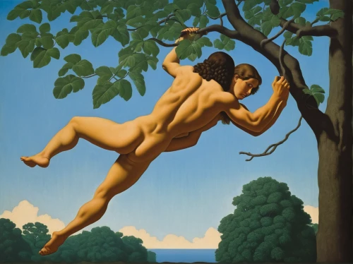 discobolus,tarzan,adam and eve,nature and man,garden of eden,nudism,treeing feist,arborist,emancipation,men climber,tree top,treetop,hanged man,lynching,tree man,fig,robinia,climbing hold,tree swing,trapeze,Art,Artistic Painting,Artistic Painting 06