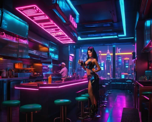 retro diner,neon coffee,neon cocktails,neon drinks,cyberpunk,unique bar,nightclub,diner,neon light drinks,neon lights,neon light,jukebox,neon tea,cinema strip,liquor bar,bartender,piano bar,neon,ufo interior,drive in restaurant,Conceptual Art,Sci-Fi,Sci-Fi 26